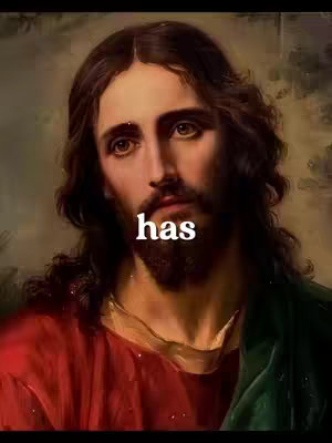 The image shows a classical painting-style portrait of Jesus. He is depicted with long, brown, wavy hair and a beard. He is looking down with a contemplative expression. He is wearing a red robe and a green drape, with a gold necklace. The text "has" is overlaid on the image in white, bold letters.