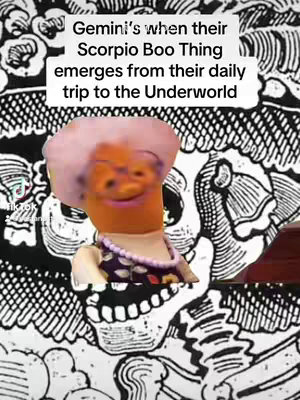 The cover features an illustration of a puppet with an orange face wearing a pink hat and a purple patterned top with a pearl necklace. The puppet has a blurred expression and is centered against a black-and-white, textured background. The text overlay suggests content related to Gemini and Scorpio signs.