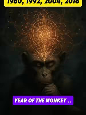The cover image features a stylized image of a monkey at the bottom center, with its eyes closed and its hand under its chin in a thoughtful pose. Above the monkey is an intricate, glowing design of circular and radiating lines. Along the top is a yellow rectangle with four years in white text. A purple banner at the bottom contains text. The background is a dark gradient.