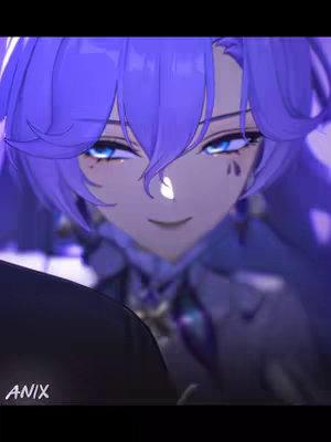 The cover image is a close-up shot of an anime-style character's face. The character has long, flowing purple hair, and piercing blue eyes with prominent eyelashes. The character is looking downward with a slight smile. The background is a blurred violet color, adding to the image's soft aesthetic. At the bottom, the text 'ANIX' is displayed in white.