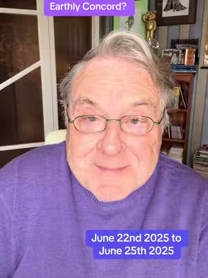 The cover image shows a man with glasses in a purple sweater looking at the camera with a slightly upward smile. There are two text boxes, one at the top saying 'Earthly Concord?' in purple and another at the bottom that says 'June 22nd 2025 to June 25th 2025' also in purple. The background is slightly out of focus, but suggests a room with a window to the left and decor on the right.
