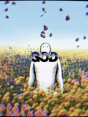 An AI-generated image of a figure with a large, blocky 'GOD' overlay. The figure is white, with a simple head shape and a large, oval mask. It appears seated in a field of flowers, with a blue sky and floating rock-like shapes in the background.