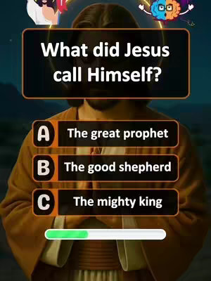 The cover image shows a quiz question about Jesus. The background is a blurred image of a person dressed in biblical attire. The question is overlaid in a dark box, and three answer options are presented below.