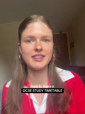 A young woman with long blonde hair wearing a red and white collared shirt is centered in view, with text overlayed at the bottom. The background appears to be an indoor setting.
