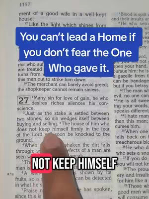The image displays a close-up view of an open book with text, overlaid by blue rectangular text boxes containing the phrase 'You can't lead a Home if you don't fear the One Who gave it.' At the bottom is an image of a hand pointing towards a section of the text with the words NOT KEEP HIMSELF highlighted.