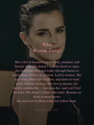 The cover image features a portrait of a woman, identified as Emma Watson, presented in a vertical layout. The lighting is soft, creating gentle shadows that accentuate her features. Her gaze is directed slightly towards the side, and her expression is serene. Overlayed on the portrait is a text layer with the heading "Aries Woman Energy," and a descriptive paragraph about the personality associated with the Aries zodiac sign is also included. The text is presented in a clean, readable font, enhancing the overall aesthetic, the background is a simple, dark gradient, concentrating the focus on the woman’s face and the text.
