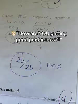 The image is of a white paper with handwritten math notes. The text overlay has a cartoon character with math equations and fractions with a checkmark next to the equation. The text overlay says, "How are YOU getting good grades now?!" and a perfect score of 25/25 (100%) is circled on the paper.