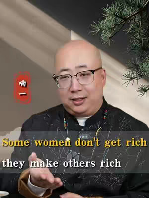 A man with glasses is centered in the frame, speaking directly to the viewer. Text overlays highlight a motivational statement about wealth and financial fortune. The background has a blurred setting and an added branch of a green plant.