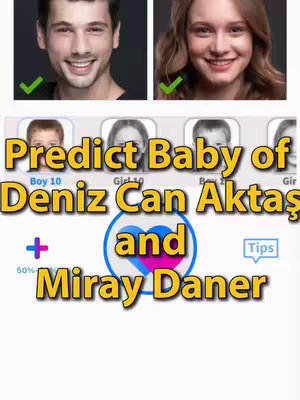 The image is a vertical graphic showcasing a baby prediction concept. It features the faces of a man on the top left and a woman on the top right, both smiling. Above the faces are green checkmarks. Beneath, there are photo-realistic mockups of what a baby could look like based on the two faces. The text is overlaid in a yellow, stylized font that reads, "Predict Baby of Deniz Can Aktaş and Miray Daner." The text includes an "and" in a blue heart-shaped callout. Icons are also included below.  The background is white.