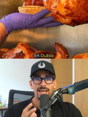 The cover image is divided into two parts. The top half shows a tray of roasted chicken with a hand in a purple glove seemingly placing a piece. Beneath, a man wearing glasses, a black cap with a white logo, and a black t-shirt is speaking into a microphone indoors; the background has basic wall panels.