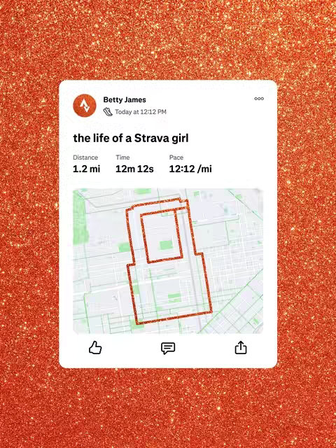 The image shows a Strava app screenshot set against an orange glitter background. The screenshot is of a run, featuring a map of the route in a rectangular shape. The interface includes the runner's name, time, distance, and pace. It looks like a social media post.