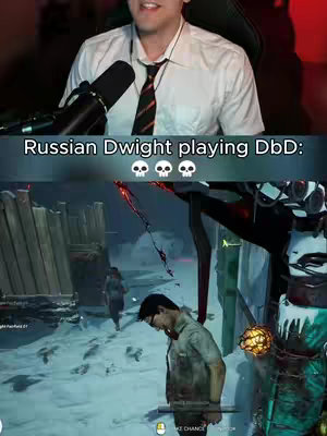 The cover image is split into two sections. The upper half shows a man in a white shirt, black tie and a microphone. The bottom half shows a scene from a video game with two characters highlighted. A text overlay identifies the top figure as "Russian Dwight playing DbD" above three skull emojis.