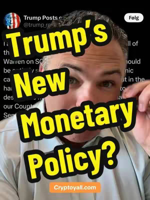 A man is centered in the frame, with the top half of the image featuring a superimposed text overlay. The overlay is composed of several irregularly shaped, yellow text boxes with black borders, forming the words "Trump's", "New", "Monetary", and "Policy?" in large, bold fonts. Below the man is an orange text box with the address "Cryptoyall.com". The overlay partially obscures the man's face, who appears to be looking at the camera. The background appears to be an out-of-focus room.