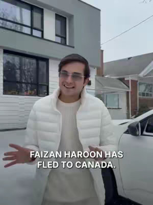 The cover image shows a man in sunglasses, wearing a white puffer jacket and sweater, standing outside a modern light gray house with snow on the ground. Text is overlaid, stating "Faizan Haroon has fled to Canada."