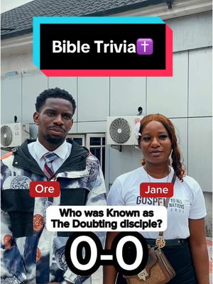 The cover image is composed of a brightly lit scene featuring two people standing in front of a building. At the top, a colorful banner reads "Bible Trivia" with a small cross icon. Below that, a man and a woman are positioned side-by-side, each labeled with a name tag above their heads. Beneath them, a question is posed with the answer, "0-0," at the bottom, set apart with a line. The overall layout is designed to draw in viewers and engage them with a question.