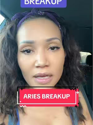 A woman with curly dark hair and a blue headband is centered, looking at the camera. Text overlays highlight 'BREAKUP' in a blue rectangle above and 'ARIES BREAKUP' inside a red rectangle at the bottom. The background suggests a vehicle interior.