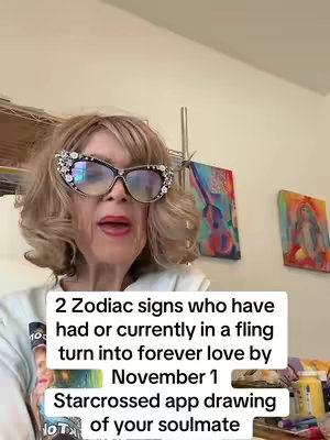 A woman with a wig, large bejeweled glasses, and red lipstick speaks to the camera. Text overlay with a white background is in the bottom portion of the frame with the title and tagline. The background is an interior space with a painting on the wall.