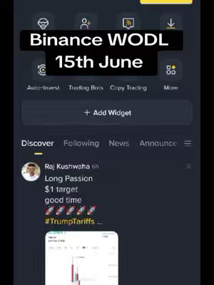 The image shows a screenshot of a Binance app interface with text overlayed on top. The top part of the screen shows a banner-style text: 'Binance WODL 15th June'. Below this, there is a variety of options listed like 'Auto-Invest', 'Trading Bots', and 'Copy Trading'. In the lower part of the screen, news feeds appear with an image of a person and text, and a chart is included below it. The general color scheme is dark with golden and white highlights.