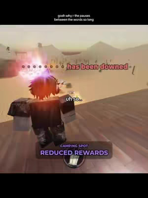 The image is a vertical, digital scene from a video game with a desert-like background. The focus is on a blocky pixelated character from behind, wearing a black top and white arms and legs, with brightly colored light emanating from their head. Text overlays appear in bubble-like fonts and smaller script, including phrases like "has been downed" and "uh so..", with a background of sand dunes or natural rock formations. A banner at the bottom reading "CAMPING SPOT REDUCED REWARDS" shows the game's interface.