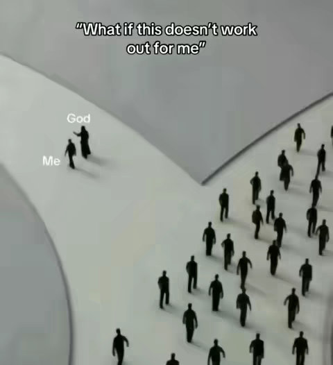 An image depicting two paths: one with two silhouetted figures labeled "Me" and "God," and another populated by silhouetted people heading in a different direction. The tone is contemplative, suggesting decision-making or faith.