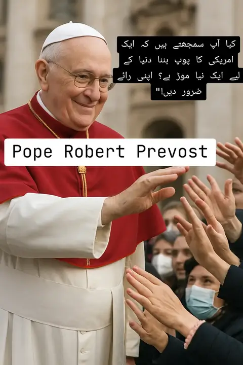 The image features Pope Robert Prevost, interacting with a crowd. He is wearing traditional papal attire, including a white zucchetto and red robes. A text box with an inscription in an unknown language is present. The layout is a portrait frame. The composition is a medium shot, offering a clear depiction of the Pope and the surrounding individuals.