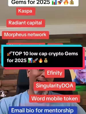 A medium shot of a man smiling, with a list of text boxes containing cryptocurrency names on the left and right sides of the image. A central banner shows the video title.
