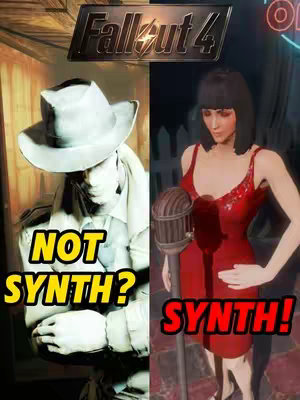 The image is split down the center. On the left, a black and white image of a character wearing a hat and coat. On the right, a woman in a red dress, next to a microphone. Text overlays identify the characters as 'NOT SYNTH?' and 'SYNTH!'