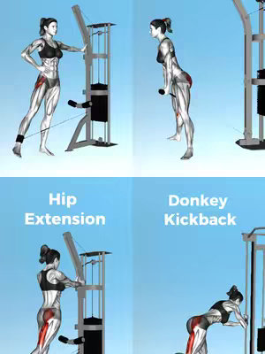 An image displaying a workout graphic with four quadrants each showing a woman performing different cable exercises. The woman is 3D-rendered with muscle definition and athletic attire.