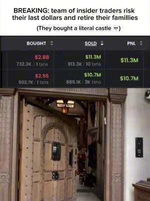 The image shows a wooden door with a detailed design, opening into a hallway. Above the door, there are data points about crypto transactions, displaying buying and selling prices, as well as the profit and loss (PNL).