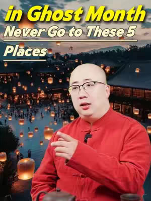 The image features a man in a red shirt, glasses, and short hair. He is pointing to the right with an expression of explanation. The background shows numerous floating lanterns. The text overlay at the top reads, "in Ghost Month Never Go to These 5 Places", set against a backdrop, which looks like the night sky. A tea set is in the foreground.