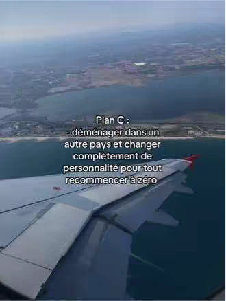 An aerial view from an airplane window, looking down at a coastline with a beach, water, and land. The airplane's wing is visible in the foreground with overlaid white text.