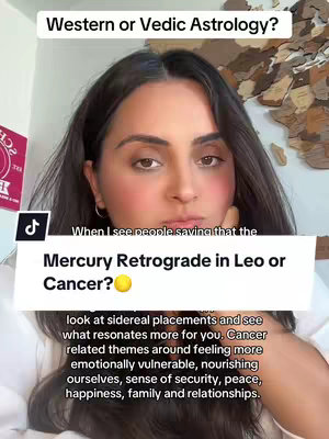 A selfie-style video cover image featuring a woman with dark hair and a neutral expression. Text overlays include a question about Western or Vedic Astrology and a discussion about Mercury retrograde in Leo or Cancer, along with related astrological concepts