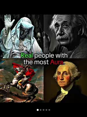 The image is a collage divided into four quadrants. The top left features a black and white depiction of a robed figure, likely religious. The top right displays a grayscale portrait of Albert Einstein. The bottom left shows an image of Napoleon Bonaparte on horseback, in color, while the bottom right presents a portrait of George Washington. The central text reads, 'Real people with the most Aura.'