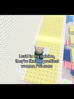 The cover image shows a scene from a Roblox game with a pixelated aesthetic. A Roblox character is visible walking along a yellow path. Text is overlaid, stating, "I said in my opinion, they're like the prettiest women I've seen."