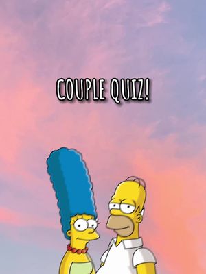The cover image features a cartoon illustration of Marge and Homer Simpson from the animated series, set against a pink and purple sky. The text overlay reads 'COUPLE QUIZ!'.