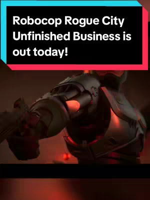 The cover image features a still from the Robocop Rogue City video game. Robocop is seen from the chest up, wearing his iconic armor with warm, orange light illuminating his chest area. The background is a dark, reddish-brown, suggesting a tense or action-packed setting. A rectangular text box at the top contains the video's title and call to action, with text that stands out against the dark backdrop.