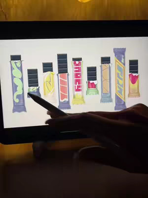 A person points a stylus at a colorful illustration of several candy bar wrappers displayed on a screen. The wrappers vary in design, color, and partially-opened wrappers.