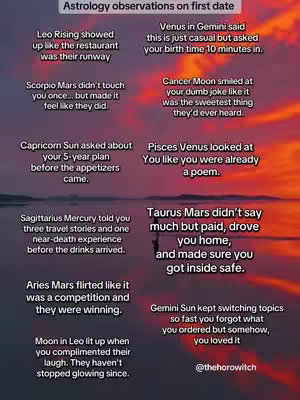 A vertical image shows a purple and orange gradient background with text overlaid in white. The top text reads, 'Astrology observations on first date'. There are 10 boxes of text with different astrological observations.