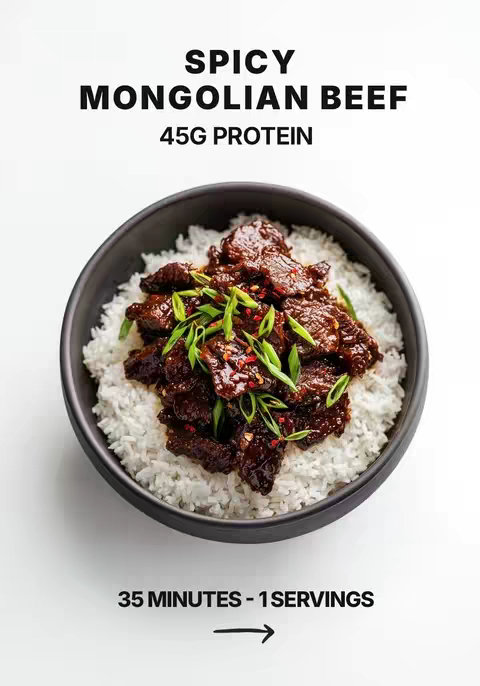 A top-down shot of a black bowl filled with white rice topped with a generous portion of Mongolian beef and green onions. The text overlay indicates the dish is "Spicy Mongolian Beef" and specifies 45g of protein. Below, it indicates a preparation time of "35 minutes - 1 servings" with an arrow pointing towards the right.
