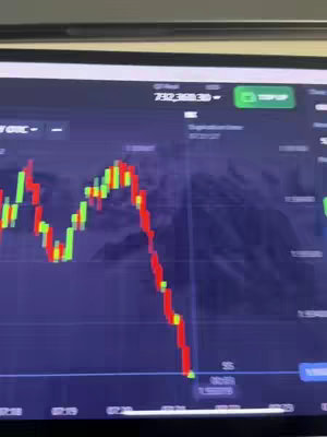 A screenshot of a computer screen displaying a financial trading platform. The screen shows a line graph with candlestick patterns, indicating price fluctuations. The graph is color-coded with green and red, and there are numerical values and other data displayed. The interface has a dark background with white and green text labels.