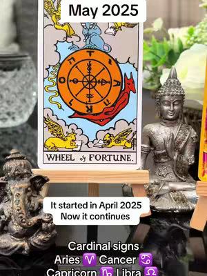 The cover image is a vertical shot with spiritual elements. A tarot card, 'Wheel of Fortune,' is prominently displayed on a small wooden easel. To the right of the card is a silver Buddha statue, and to the left, a statue of Ganesha. Text overlays include 'May 2025,' and a description that includes the phrase 'It started in April 2025, and now it continues,' alongside the signs Aries, Cancer, Capricorn, and Libra. The background is blurred with green foliage and dark decor. The color palette includes light creams, dark tones, and touches of golden and silver.