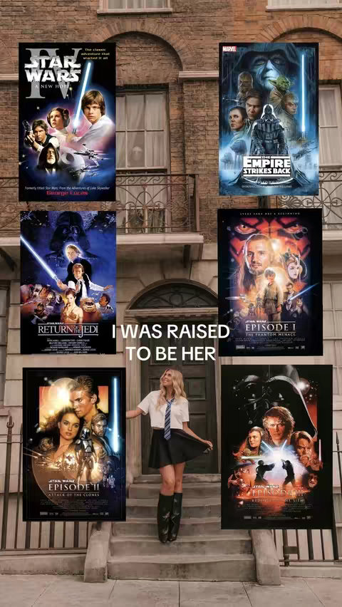 A young woman stands on steps in front of a brick building, posing in a school uniform with Star Wars movie posters on display around her. The posters frame the shot, with the woman centered amidst them. The posters represent the original Star Wars trilogy and are arranged aesthetically, with one Harry Potter poster visible.