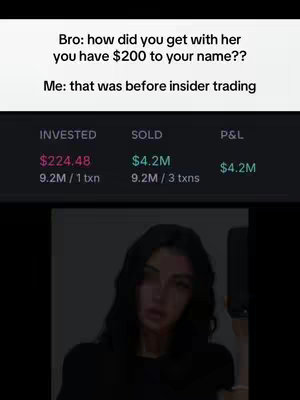 A selfie-style image with a white text box at the top and a financial results display below. The creator, with dark hair and a black top, is in the lower portion, while the top section contains a dialogue, financial data, and the video's financial theme.