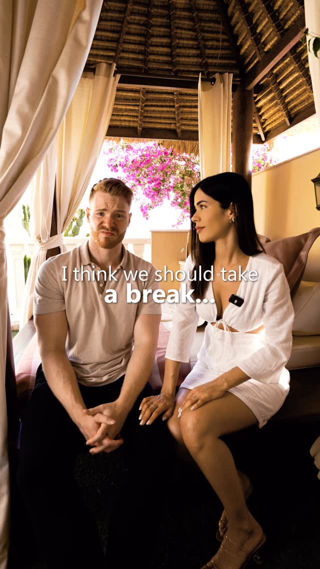 A couple sitting on a bench under a canopy, with a man and a woman facing each other. Text overlaid on the image suggests relationship advice or a breakup scenario.