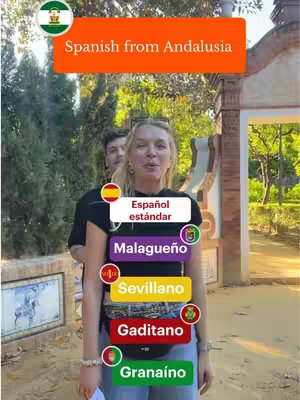 A woman stands in front of a blurred background, with different colored blocks arranged vertically, which have text on them, and a man stands behind her. A banner at the top reads 'Spanish from Andalusia'.