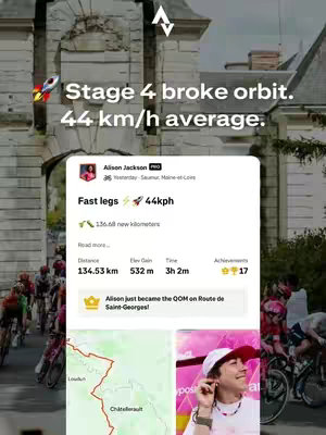 The cover image is a vertical graphic featuring an app interface and a real-world backdrop. At the top a white bar has the logo for Strava, along with text that states "Stage 4 broke orbit. 44 km/h average.". Below, an app interface displays information about an activity, showing stats such as distance, elevation gain, and duration. A picture of a person in a cycling jersey is at the bottom, alongside a map graphic. The background features elements of architecture with a blurred background of a cycling race in action.