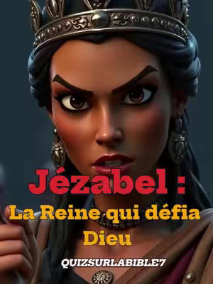 A stylized digital illustration featuring a woman with dark skin and a stern expression, wearing a golden crown and ornate earrings. The image uses rich, warm colors with red and gold highlights, set against a blurred background. Text overlays are in red and yellow.