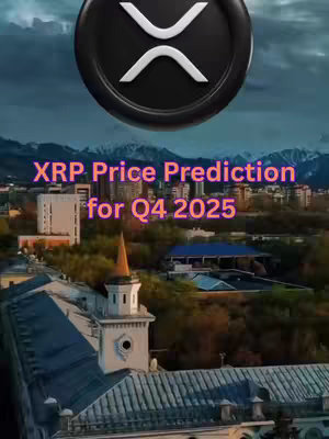 The image shows a cityscape with buildings, mountains in the background, and a partially obscured sky. A circular XRP logo is positioned at the top, and overlaid text in a gradient color scheme reading 'XRP Price Prediction for Q4 2025'.