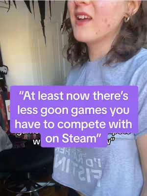 A person with light skin, curly light-brown hair, and a casual light-blue t-shirt. A large, purple text overlay is placed in front of the person. The text is formatted with white, sans-serif font.