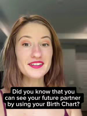 A woman with light skin and light brown hair is centered in the frame, looking directly at the camera with a soft smile. She has reddish-brown hair, and the lighting gives her a warm, natural complexion. Her makeup includes a subtle eyeshadow and bright pink lipstick. Black text is displayed on a black box at the bottom of the video. The text reads: "Did you know that you can see your future partner by using your Birth Chart?"